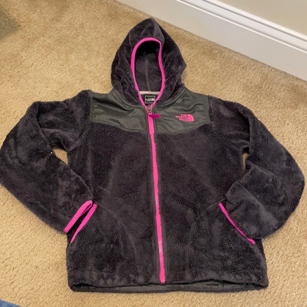 The North Face gray, fleece full zipper, pink hoodie jacket size 10/12